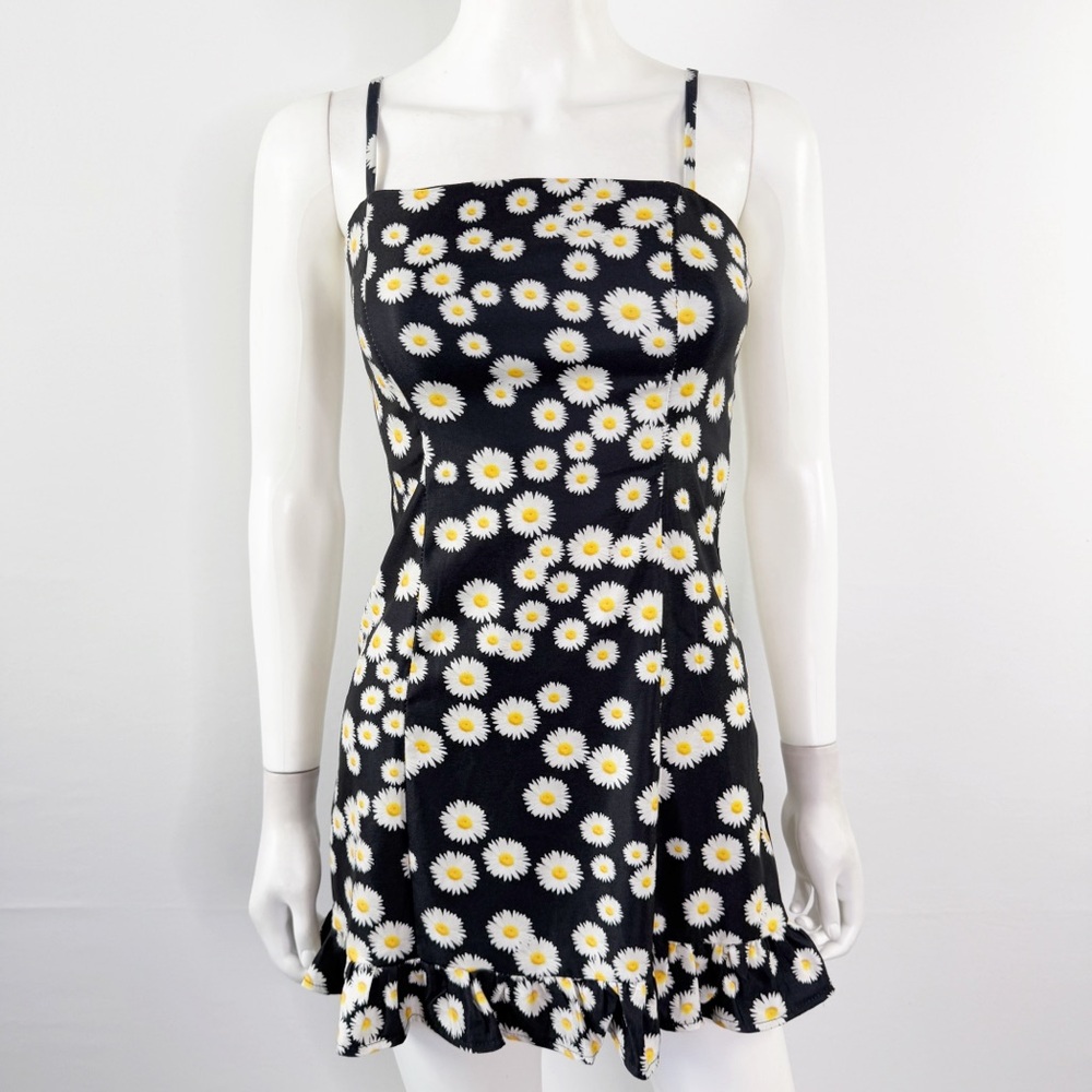 Polly Black Floral Mini Dress Size 0 Daisy Print Ruffle Hem Spaghetti Straps